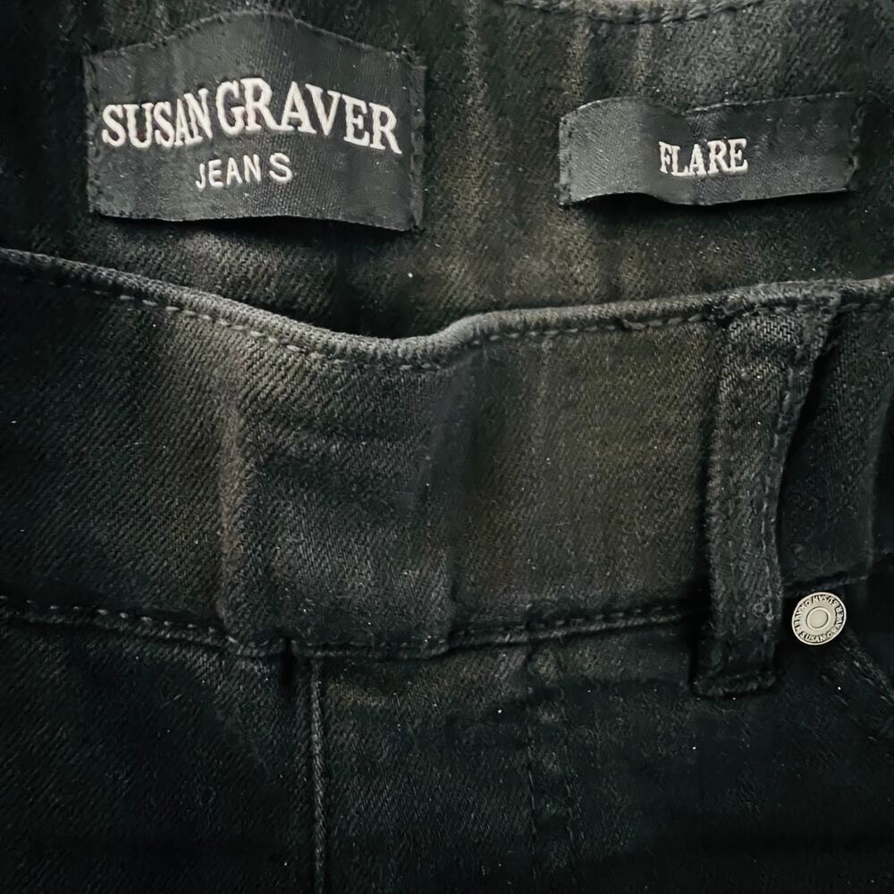 Susan Graver Black High Rise Flare Jeans Pull On Stretch Denim 10 Tall New - Picture 8 of 9